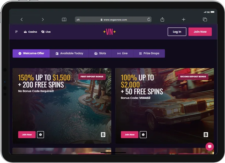 Promotions on VegasNow Casino App