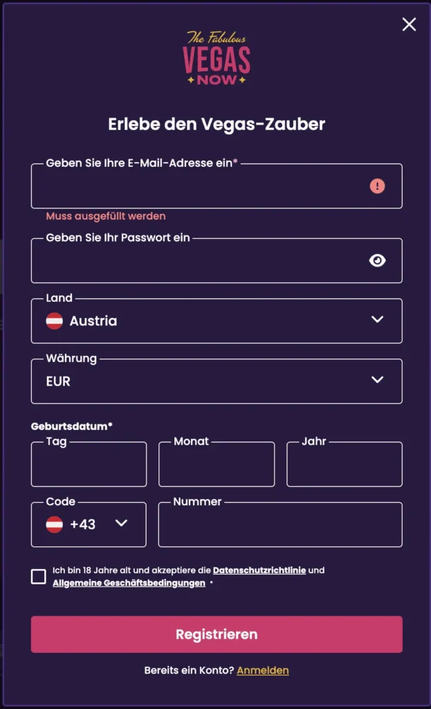 VegasNow – Konto registrieren